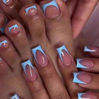 48PCMedium Press Nail Square And Press Toe Nail Set, Blue French Pointed Full Coverage Nail, French Press Toe Nail, Acrylic Nail