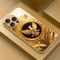 Eagle Golden Plane Pattern Metallic Paint Tempered Glass Phone Case For iPhone 11 12 13 14 15 16 17 Pro Max Plus 17Air 16E Cover
