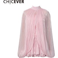CHICEVER Solid Spliced Folds Two Piece Set Female Stand Collar Sleeveless Shawl Gentle Elegant Women's Dress Sets Summer Fashion