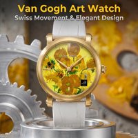 Van Gogh Sunflower Oil Painting Dial Quartz Watch for Women Swiss Movement 36mm Gold Case White Leather Strap image 4
