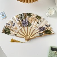 Traditional Chinese Ink Painting Folding Fan Portable Bamboo Cloth Hand Fan with Floral Pattern and Tassel for Qipao Accessory