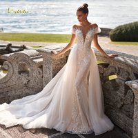 Loverxu Mermaid Sexy Wedding Dresses V-Neck Cap Sleeve Vestido De Novia Lace Sequined Detachable Train Custom Made Bridal Gown