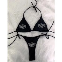 Summer Beach Sea Gothic Fashion Punk Spicy girl style Letter Hot Diamond Hanging Neck Sexy Backless Vacation Bra set Slim