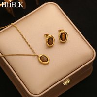 EILIECK 316L Stainless Steel Vintage Brown Stone Pendant Necklace Earrings Set Trendy For Women New Gift Waterproof Jewelry Set