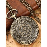 Vintage Charm Flower Pattern Decor Quartz Pocket Watch Arabic Numerals Dial Full Hunter Pendant Clock with 80cm Necklace Chain
