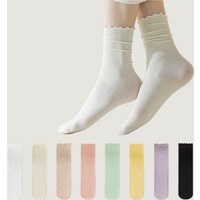 Summer Thin Ruffled Ice Silk Socks For Women Japanese Style Mid Calf Lace Trim Candy Colored Stacked Socks
