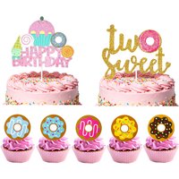Donut Cake Toppers Two Sweet Happy Birthday Doughnut Cake Picks for 2nd Birthday Baby Shower Sweet Treat Party Dessert Decor