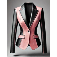Formal Women PU Leather Jakcet Colorblock Turn Down Collar Office Lady Woman's PU Coat High Street Single Button Slim Outerwear