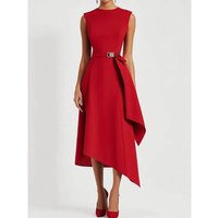 Red Irregular Max Dress Women 2026 A-line Sleeveless Back Zipper O Neck Metal Snap Tied Waist New Year Elegant Dresses 197367