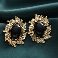 Retro Jewelry Gold Color Plated Black Oval Big Clip Earrings Without Piercing Vintage Metallic Geometric Ear Clips for Women
