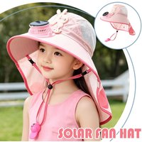 Kids Solar & USB Charging Fan Sun Hat Summer Breathable Mesh, Wide Brim UV Protection Sun Hat for Boys and Girls with Neck Cover