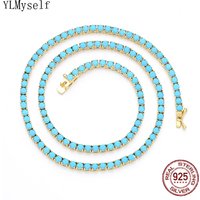 Turquoise Blue 3mm Stone Real 925 Sterling Silver Tennis Chain Necklace Choker 18K Gold/Rhodium Plated 16-24 Inch Fine Jewelry