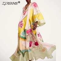 Elegant Multi Color Floral Satin Long Dress Women Stand Neck Bell Sleeve Loose Fit Maxi Dress Resort Wedding Evening Party Dress