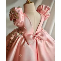 Custom Pink Satin Puff Sleeve 3D Floral Embroidered Flower Girl Dress Wedding Gown for First Christmas Kids Party Outfit