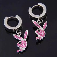 Personalized Pink Rhinestone Rabbit Pendant Earrings For Women Lady Cartoon Cute Hollow Hoop Alloy Earrings Party Causal Jewelry