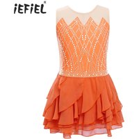 Kids Girls Figure Skating Dance Costume Round Neck Sleeveless Shiny Rhinestones Tiered Ruffled Ballet Lyrical Dress Dancewear