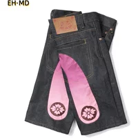 Men Embroidery Denim Shorts Black Hiphop Jeans Pants Cherry Blossom Dragon Totem Washed Zipper Cotton Summer cherry blossoms 024