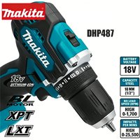Nowa wiertarko-wkrętarka bezszczotkowa Makita DHP487 z akumulatorem, model 2026, elektryczna wkrętarka o wysokim momencie obrotowym.