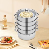 5 Tiers Stainless Steel Steamer 28cm Overlapping Steaming Pot Cookware Kitchen Soup Steamer Cooker Set Silver w/ Glass Lid