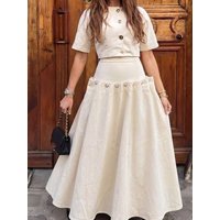 Fashion O-neck Metal Button Top & Skirt Set Women Elegant Street Solid Denim Outfits Casual Short Sleeve Draped Long Skirt Suit