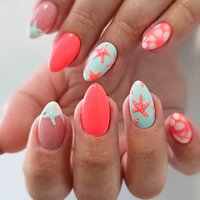 24Pcs Almond Coverage Press On Nails Starfish Beach Fake Nails Cute Briquette Reusable False Nail Summer Hot Wear Nails