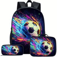 Colorful Football Boys' 3pcs Sports Outdoor Backpack, Large Capacity School Bag