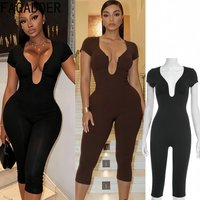 FAGADOER Sexy Solid Color Bodycon Jumpsuits for Woman U-shaped Collar Short Sleeve Rompers Female Streetwear Overalls 2026 New