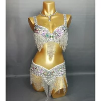Women's Beaded Sequins Belly Dance Costume Wear BRA BELT 2pc Set Showgirl Ladies Bellydancing Costumes Bellydance Clothes