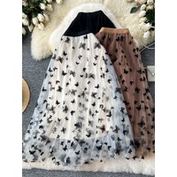 Elegant High-Waisted A-Line Skirt Women's Embroidered Netting Fairy Skirt Slimming Hip Covering Midi Skirt