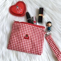Cherry Coin Purse, Portable Makeup Bag for Outings, Multifunctional Sanitary Napkin Storage Bag, Embroidered Cherry Canvas Makeup Bag, Portable Red Plaid Large-Capacity Cosmetics and Lipstick