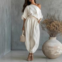 Spring 2026 Fashionable Women's Loose Shoulder Bared Two-Piece Set Pure Color Elegant Style Casual Wear Four Seasons Suitable
