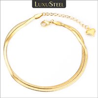 LUXUSTEEL 2023 New Double Flat Snake Chain Anklets For Women Golden Plated Stainless Steel Heart Charm Vingate Foot Accessories