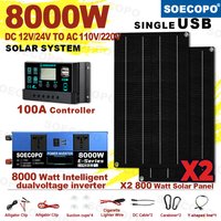 SOECOPO 8000W Solar System Complete Solar Kit for Home 6000w Camping DC 12V - AC 110V/220V Inverter USB 5V/1.5A 2*Solar Panels