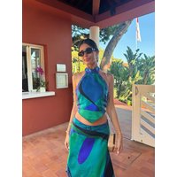 Print Two Piece Skirt New Sexy Halter Beach Dress Women Bra High Waist A-line Long Skirt Suit Summer Holiday Seaside Casual Set