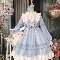 Japanese Gothic Lolita Dress Women Kawaii Bow Bear Lace Blue Dress Long Sleeve Princess Dress Tea Party Costume Gift For Girls