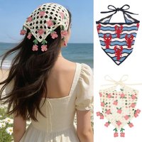 Summer Cute Floral Hollow Tasseled Knitted Triangle Scarf Fresh Headbands Sweet Beach Band Hair Accessories Women Bandana