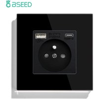 BSEED France Standard prise murale simple Double prise d'alimentation USB type-c Port de Charge prises panneau en verre cristal 16A 110 V-250 V