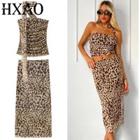 HXAO Leopard Mesh Skirt Set Women's Two Pieces Set Crop Ruffle Halter Tube Top Vest Set 2 Piece Woman Midi Tulle Skirt Suit 066