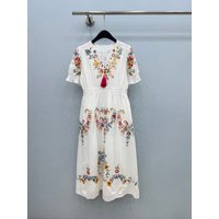 High quality summer new product embroidered shoulder strap V-neck short sleeved dress A-line long skirt