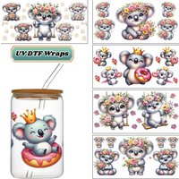 Cute Koala UV DTF Wraps, Kawaii Flower & Donut Stickers for 16oz Glass Cans, Waterproof DIY Transfer Decals