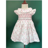 2023 New Summer Girls Handmade Smocking Dress Flying Sleeve Pink Printed Pure Cotton Skirt Cute Outfit Clothing Pure Handwork