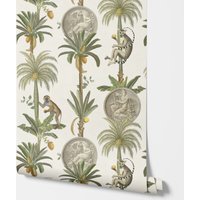 Kids Jungle Animals Wallpaper with Lemurs and Palm Trees in Forest, Cartoon Animal Wall paper Jungle Friends with coin motifs