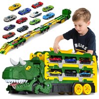 Dinosaur Car Carrier Truck Toy with 12 Alloy Cars, 57in Race Track Swallowing Action Vehicle Gift for Boys Girls Kids Preschool