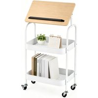 Small computer desk with castors Adjustable top Laptop table for sofa with breathable wire basket Side table for nursing bed Easy assembly for kitchen office living room(Natural)