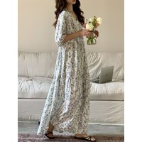 Summer Sleepwear Women's Chemise Casual Silk Cotton Short Sleeve Home Clothes Long Skirt Lightweight V-Neck Print Design
