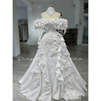 White Luxury Beaded Floral Evening Gown Off-the-Shoulder 3D Floral Mermaid Detachable Train True Handcrafted Prom Dress Customiz