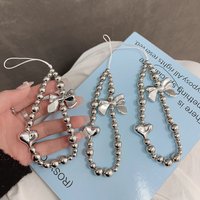 Fashion Cute Silver Electroplated Beaded Phone Chain with Heart Bow Charms Wrist Strap Lanyard Accessory for iPhone Samsung Case