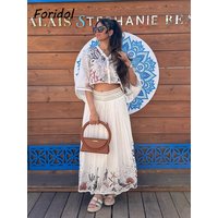 Foridol Marine Organism Embroidery Batwing Sleeve Summer Spring Maxi Skirt Set Cotton White Tassle Dress Set Outfits Button Suit