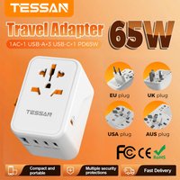 TESSAN 65W GaN Universal Travel Adapter with USB Port Type-C PD Charging All-in-one Travel Adapter EU/UK/USA/AUS Plug for Travel