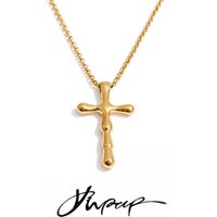 Yhpup High Quality Textured Waterproof Stainless Steel Cross Pendant Necklace Jewelry for Women PVD Plated Handmade Polished